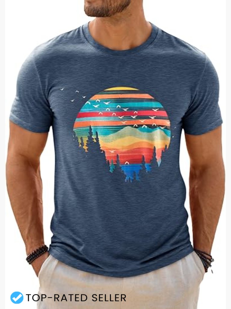 Mens Short Sleeve Graphic Crewneck Casual Printed Tee Summer Beach Vintage Shirt